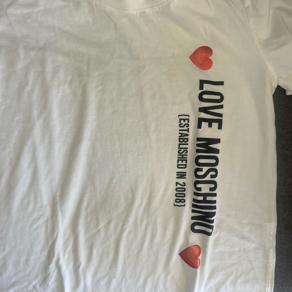 Moschino White Tee with Black Logo and Red Hearts